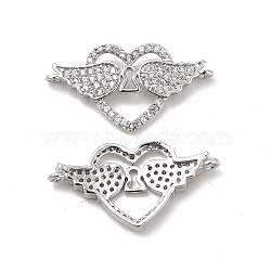 Brass Micro Pave Clear Cubic Zirconia Connector Charms, Heart Links with Wing, Platinum, 14.3x27.3x3.5mm, Hole: 1.2mm(KK-E068-VB343)