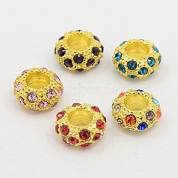 Alloy Rhinestone European Beads, Large Hole Beads, Rondelle, Golden Metal Color, Mixed Color, 11x5.5mm, Hole: 5mm(CPDL-H011)