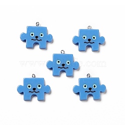 Opaque Resin Pendants, with Platinum Tone Iron Loops, Puzzle Charm with Face pattern, Cornflower Blue, 24x29x4.5mm, Hole: 2mm(RESI-E024-04P-01)