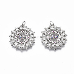 Brass Micro Pave Cubic Zirconia Pendants, with Jump Ring,  Nickel Free, Flower, Colorful, Real Platinum Plated, 25.5x24x3mm, Hole: 3mm(KK-R133-020P-NF)