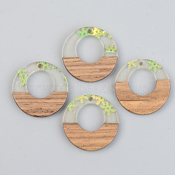 Transparent Resin & Walnut Wood Pendants, with Paillette/Sequin, Ring with Snowflake, Green Yellow, 28x3mm, Hole: 2mm(RESI-S389-036A-D01)