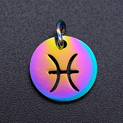 Rainbow Color Ion Plating(IP) 201 Stainless Steel Charms, with Jump Rings, Flat Round with Constellation/Zodiac Sign, Pisces, 12x1mm, Jump Ring: 5x0.8mm, Inner Diameter: 3mm(STAS-Q201-JN166-12)