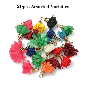 20Pcs Cloth Flower Pendants Decoration, with Golden Tone Iron Findings, Mixed Color, 17~18x15~19mm, Hole: 1x3mm