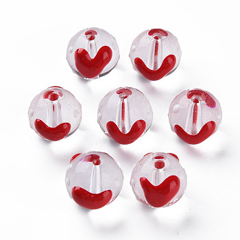 Transparent Glass Enamel Beads, Round with Heart, Red, 13x12x11mm, Hole: 1.8mm