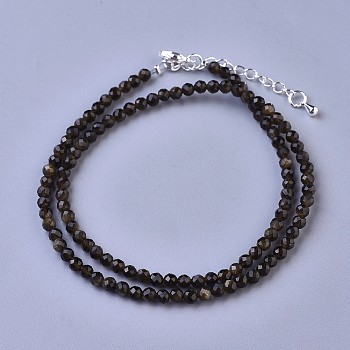 Natural Golden Sheen Obsidian Beaded Necklaces, with Brass Lobster Claw Clasps, Faceted Round Beads, 16.5 inch~16.7 inch(42~42.5cm)x2mm