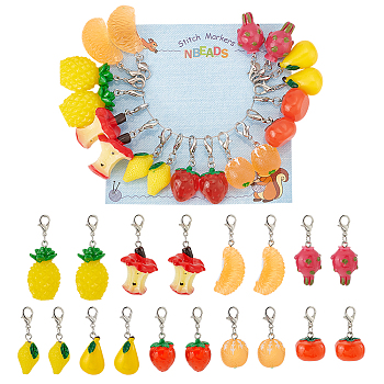 Fruit Theme Pendant Stitch Markers, Resin Crochet Lobster Clasp Charms, Locking Stitch Marker with Wine Glass Charm Ring, Mixed Color, 2.7~4.6cm, 9 style, 2pcs/style, 18pcs/set