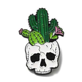 Black Alloy Brooch, Enamel Pins, Skull with Cactus, Lime Green, 30x20x1mm