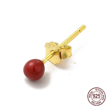 Enamel Round Ball Stud Earrings, Golden 925 Sterling Silver Jewelry for Women, Red, 14.5x3mm, Pin: 0.8mm