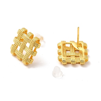 Brass Woven Rhombus Stud Earrings with 925 Sterling Silver Pins for Women, Golden, 16x16mm, Pin: 0.7mm