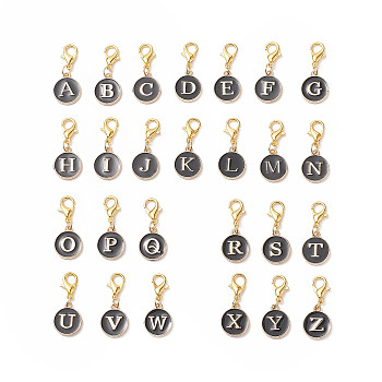 26Pcs Black Flat Round with Letter Alloy Enamel Charms Pendant Decorations, with Alloy Lobster Claw Clasps, Golden, Letter A~Z, 2.7cm
