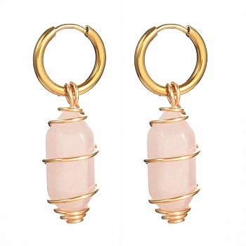 Copper Wire Wrapped Natural Rose Quartz Dangle Earrings for Women, 304 Stainless Steel Huggie Hoop Earrings, 39mm, Pin: 1mm