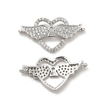 Brass Micro Pave Clear Cubic Zirconia Connector Charms, Heart Links with Wing, Platinum, 14.3x27.3x3.5mm, Hole: 1.2mm