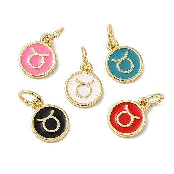 Real 18K Gold Plated Brass Enamel Charms, with Jump Ring, Long-Lasting Plated, Lead Free & Cadmium Free, Flat Round with Taurus Charms, Mixed Color, 10x8x1mm, Hole: 4mm