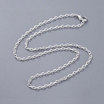 Brass Cable Chain Fine Necklaces, with Lobster Claw Clasps, Silver Color Plated, 16 inch, 2mm