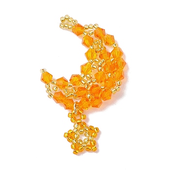 Imitation Austrian Crystal 5301 Glass & TOHO Round Seed Beaded Pendant, Star with Moon Charms with 304 Stainless Steel Jump Rings, Orange, 46x29x4mm, Hole: 2mm