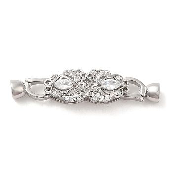 Rack Plating Brass Pave Clear Cubic Zirconia Fold Over Clasps, Long-Lasting Plated, Flower, Platinum, Flower: 9.5x23.5x8mm, Clasp: 12.5x6x5.5mm, Inner Diameter: 4mm