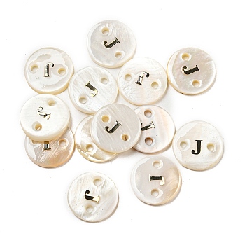 Freshwater Shell Buttons, Flat Round , Letter J, 12x2mm, Hole: 1.6mm