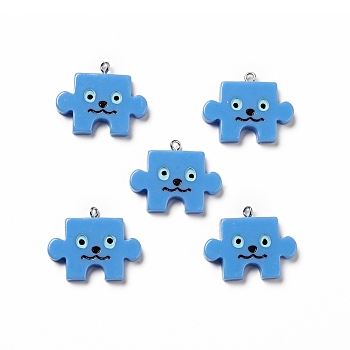 Opaque Resin Pendants, with Platinum Tone Iron Loops, Puzzle Charm with Face pattern, Cornflower Blue, 24x29x4.5mm, Hole: 2mm