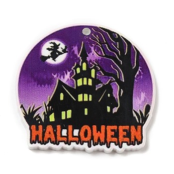 Halloween Themed Opaque Printed Acrylic Pendants, House, 37x38.5x2mm, Hole: 2mm