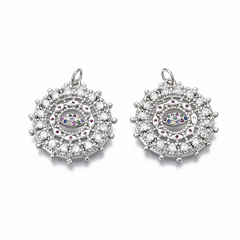 Brass Micro Pave Cubic Zirconia Pendants, with Jump Ring,  Nickel Free, Flower, Colorful, Real Platinum Plated, 25.5x24x3mm, Hole: 3mm