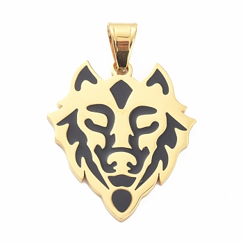 Ion Plating(IP) 304 Stainless Steel Pendants, with Enamel, Tiger Head, Black, Golden, 40x34x2mm, Hole: 5x8mm