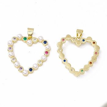 Rack Plating Brass Micro Pave Colorful Cubic Zirconia Pendants, with Acrylic Bead, Long-Lasting Plated, Cadmium Free & Lead Free, Heart, Real 18K Gold Plated, 24.5x24.5x4mm, Hole: 4x3mm