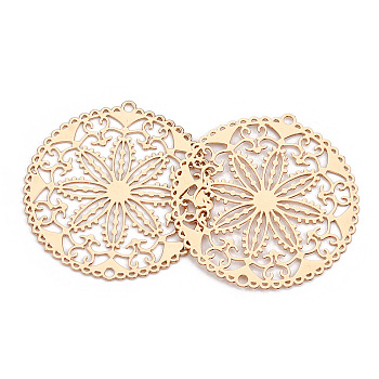 Rack Plating Brass Filigree Pendants, Long-Lasting Plated, Flat Round with Flower, Nickel Free, Light Gold, 31.5x30x0.4mm, Hole: 1.4mm