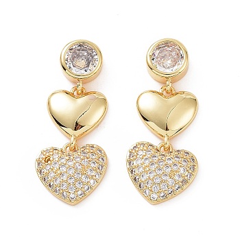 Clear Cubic Zirconia Double Heart Dangle Stud Earrings, Brass Jewelry for Women, Real 18K Gold Plated, 30mm, Pin: 0.8mm