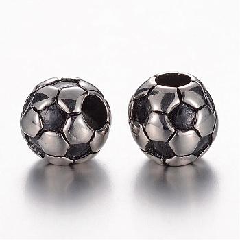 304 Stainless Steel European Beads, FootBall/Soccer Ball, Stainless Steel Color, 12.5x12mm, Hole: 5mm