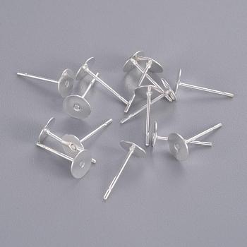 Stud Earring Settings, Lead Free and Cadmium Free, Brass Head and Stainless Steel Pin, Silver Color Plated, Tray: 6mm, Pin: 12mm
