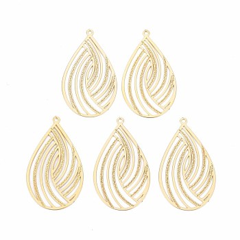 Rack Plating 304 Stainless Steel Filigree Pendants, Etched Metal Embellishments, Nickel Free, Teardrop, Real 18K Gold Plated, 32.5x18.5x0.4mm, Hole: 1.2mm