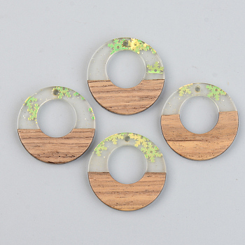 Transparent Resin & Walnut Wood Pendants, with Paillette/Sequin, Ring with Snowflake, Green Yellow, 28x3mm, Hole: 2mm