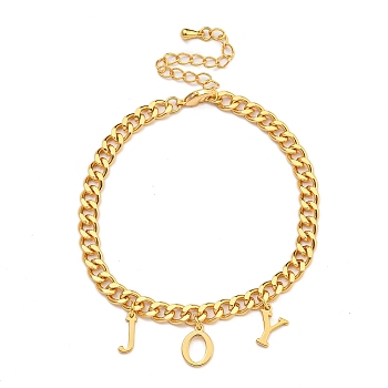 Brass Charm Bracelets for Women, Real 18K Glod Plated, Word Joy, 6-3/4 inch(17.2cm), Pendant: 9~9.5x3~7mm 