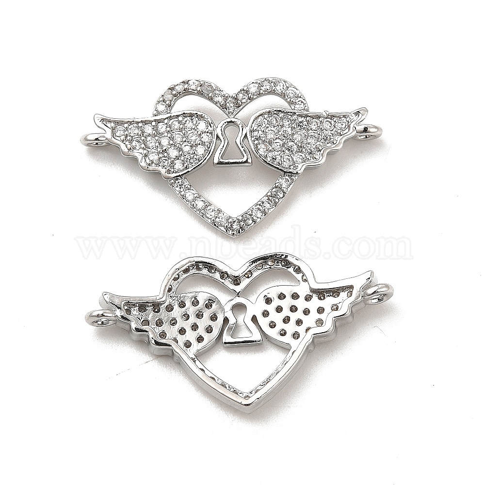 Brass Micro Pave Clear Cubic Zirconia Connector Charms, Heart Links with  Wing, Platinum, 14.3x27.3x3.5mm, Hole: 1.2mm