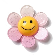 Acrylic Big Pendants with Glitter Powder, Two Tone Flower with Smile, Pink, 52x48x14.5mm, Hole: 2mm(MACR-M023-03B)