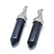 Synthetic Blue Goldstone Pointed Pendants, with Alloy Findings, Bullet, Platinum, 61x14.5x12.5mm, Hole: 3.5x
7.5mm(G-G795-01P-05)