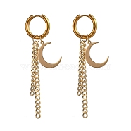 304 Stainless Steel Huggie Hoop Earrings, Hypoallergenic Earrings, with Brass Pendants & Curb Chains, Moon, Golden, 78mm, Pin: 1mm(EJEW-JE04226-02)