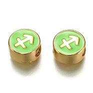 Brass Beads, with Enamel, Flat Round with Constellation, Real 18K Gold Plated, Light Green, Sagittarius, 10x5mm, Hole: 4.5x2.5mm(ENAM-I046-02G-05)