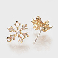 Brass Cubic Zirconia Ear Stud Findings, with Loop, Nickel Free, Snowflake, Real 18K Gold Plated, 11x8.5mm, Hole: 1mm(KK-S336-30G)