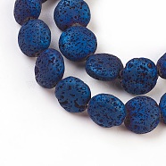 Electroplated Natural Lava Rock Bead Strands, Flat Round, Blue Plated, 12x6mm, Hole: 1mm, about 32~33pcs/strand, 15 inch~15.3 inch(38~39cm)(G-E497-B-05)