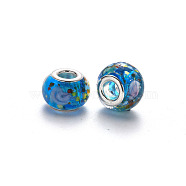 Handmade Lampwork European Beads, Large Hole Rondelle Beads, with Platinum Tone Brass Double Cores, Dodger Blue, 14~15x9~10mm, Hole: 5mm(LPDL-N001-022-C04)