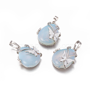Opalite Pendants, with Enamel and Brass Findings, teardrop, with Butterfly, Platinum, 30x23.5x12mm, Hole: 10x6mm(X-G-K296-B03)
