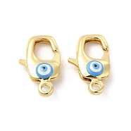 Brass Lobster Claw Clasps, with Enamel, Real 18K Gold Plated, Long-Lasting Plated, Evil Eye Pattern, Deep Sky Blue, 20x16x2mm, Hole: 2~3mm(KK-E075-01G-02)