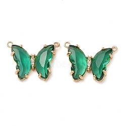 Brass Pave Faceted Glass Connector Charms, Golden Tone Butterfly Links, Medium Sea Green, 17.5x23x5mm, Hole: 0.9mm(FIND-Z020-03T)