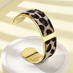 304 Stainless Steel Open Cuff Bangles for Women, with Leopard Print PU Leather Fur, Ion Plating(IP), Real 14K Gold Plated, 1 inch(2.4cm), Inner Diameter: 2-1/8x2-1/2 inch(5.5x6.5cm)(BJEW-K237-14G)