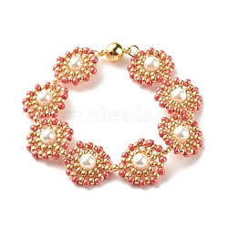 Shell Pearl Flower Link Bracelet, Glass Seed Braided Bracelet with Brass Magnetic Clasp for Women, Golden, Red, 7-1/2 inch(19cm)(BJEW-JB08084-05)