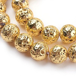 Electroplated Natural Lava Rock Bead Strands, Round, Bumpy, Golden Plated, 12mm, Hole: 1.5mm, about 30pcs/strand, 15.35 inch(39cm)(X-G-E429-01-12mm-G)