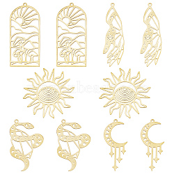 10Pcs 5 Style 201 Stainless Steel Pendants, Outline Charms, Hand with Star & Sun, Snake with Moon, Arch with Sun & Mushroom, Real 18K Gold Plated, 38~48.5x17~38x1mm, Hole: 1.5~1.6mm, 2pcs/style(STAS-SC0004-49)