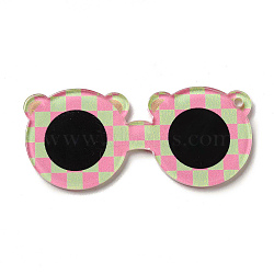 Cute Opaque Printed Acrylic Pendants, Bear Glasses with Tartan Charm, Pearl Pink, 55x25x2mm, Hole: 2mm(MACR-L002-A05)