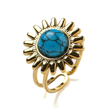 Sun 304 Stainless Steel Open Cuff Rings, Synthetic Turquoise Finger Rings for Women Men, Real 18K Gold Plated, Adjustable